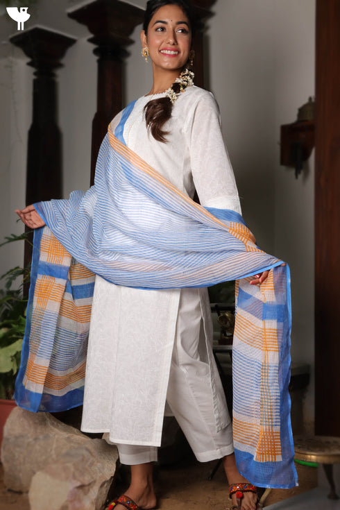 Kota Doria Dupatta In Striped Block Print